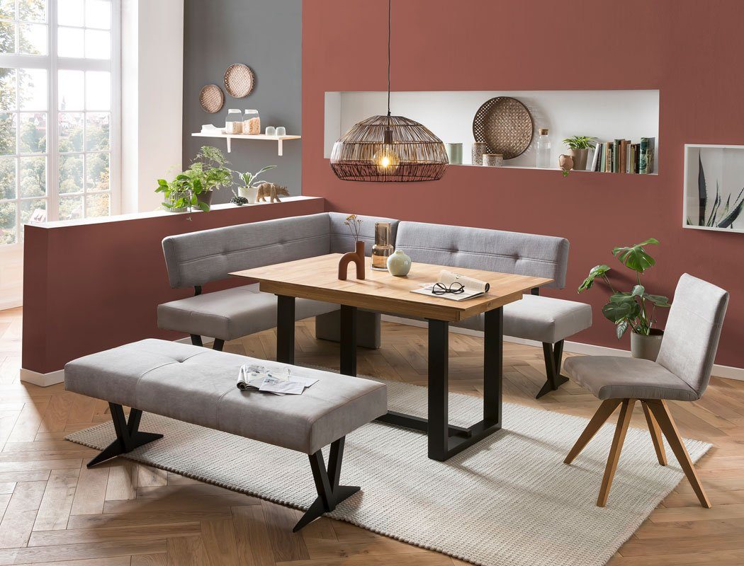 expendio Eckbankgruppe Gunar 1XL, (komplette Tischgruppe, Spar-Set, 4-tlg), Tisch Gunar Eiche rustikal + Eckbank Eda 3 + Bank + Stuhl Caja Gray
