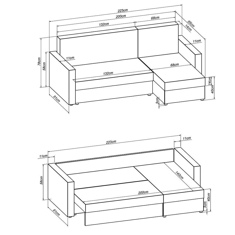 Vicco Ecksofa Sofa Couch Schlafsofa mit Schlaffunktion Weiß/Grau, mit Bettfunktion