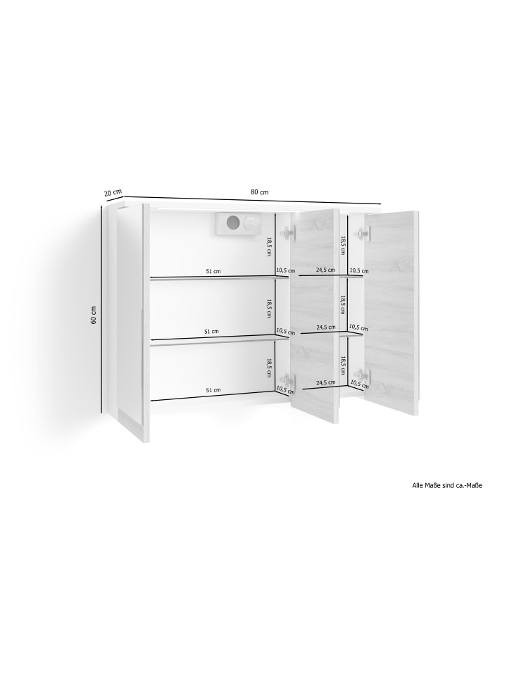 byLiving Spiegelschrank MARINO in Schneeweiß / Eiche - (B) 80 x (H) 60 x (T) 20 cm günstig kaufen onesize