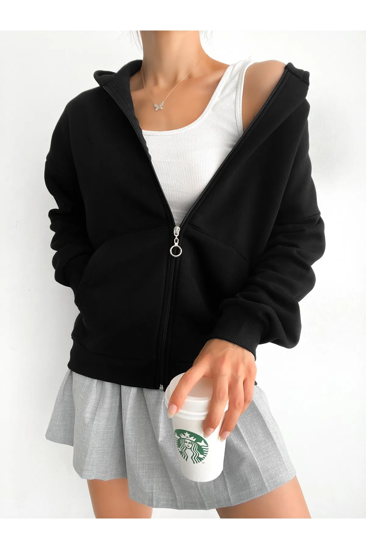 BEJNA  Schwarzer Oversize-Sweat-Cardigan mit Reißverschluss für Damen