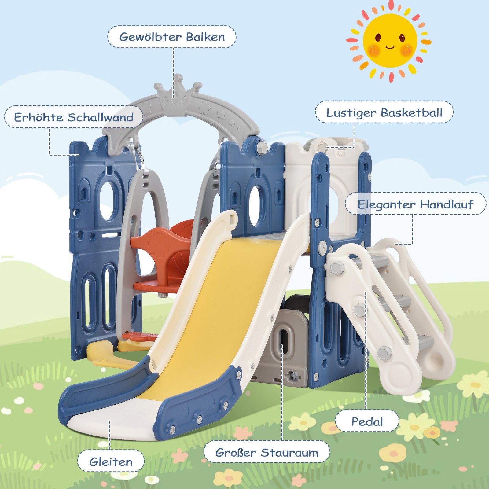 SEEZSSA Indoor-Rutsche Slide Kletterspielzeug 5 in 1 Kinderrutsche Gartenrutsche für Kinder, Klettern Stauraum Basketballrahmen Schaukel Kinder Spielplatz