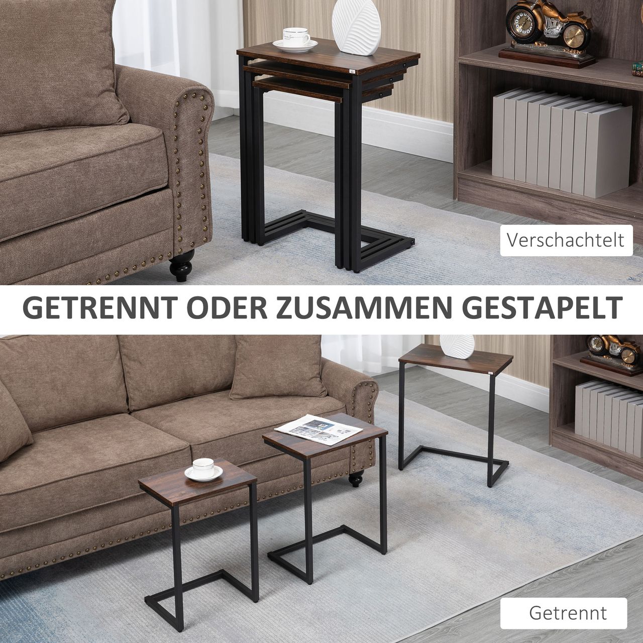 HOMCOM 3er-Set Beistelltische platzsparende Satztische mit Stahlgestell Braun