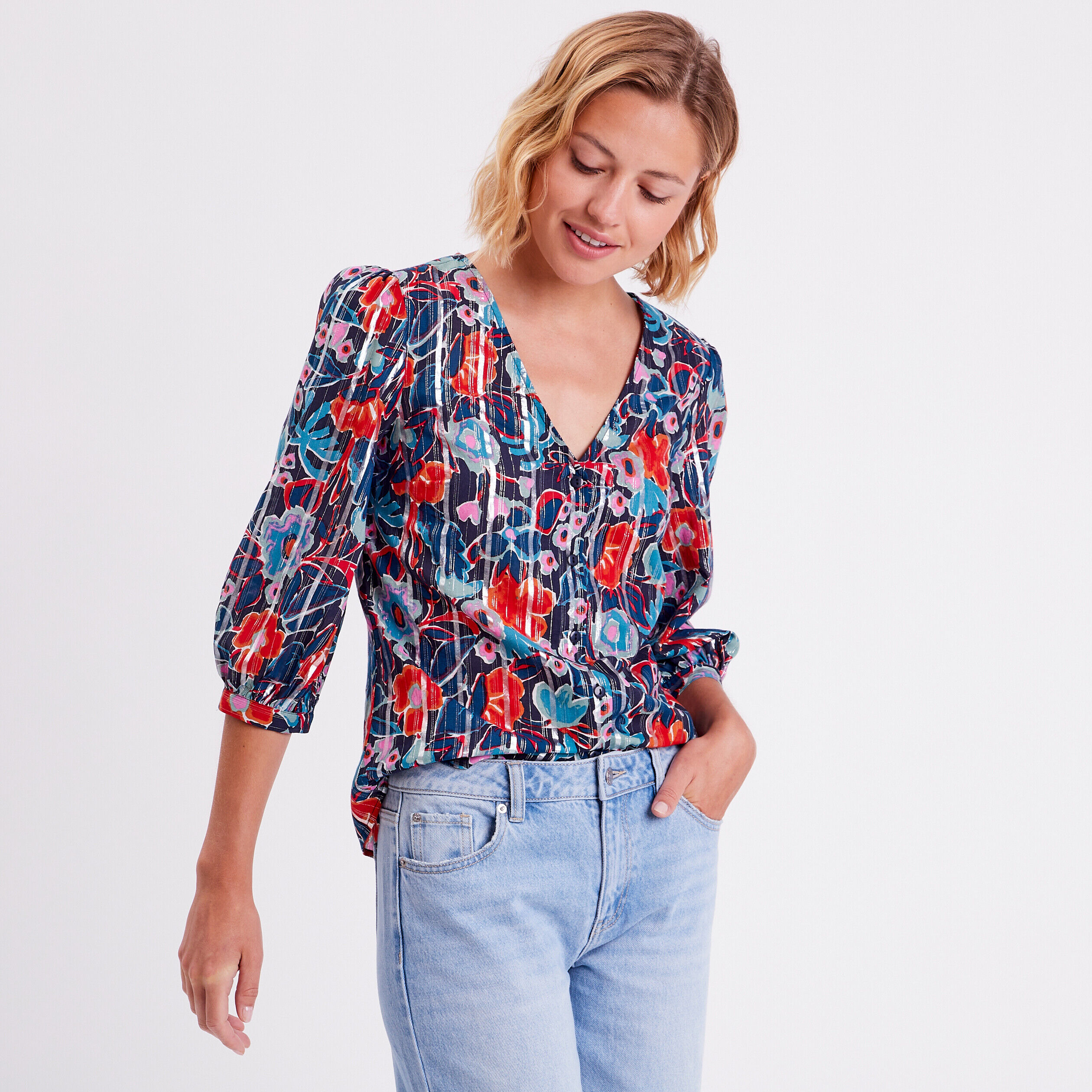 Chemise manches 3/4 bleu marine femme | Cache Cache