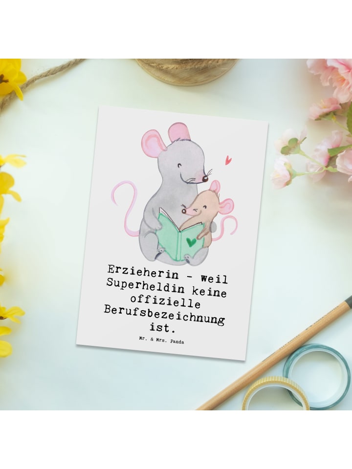 Mr. & Mrs. Panda Postkarte Erzieherin Superheldin mit Spruch in Weiß günstig kaufen onesize
