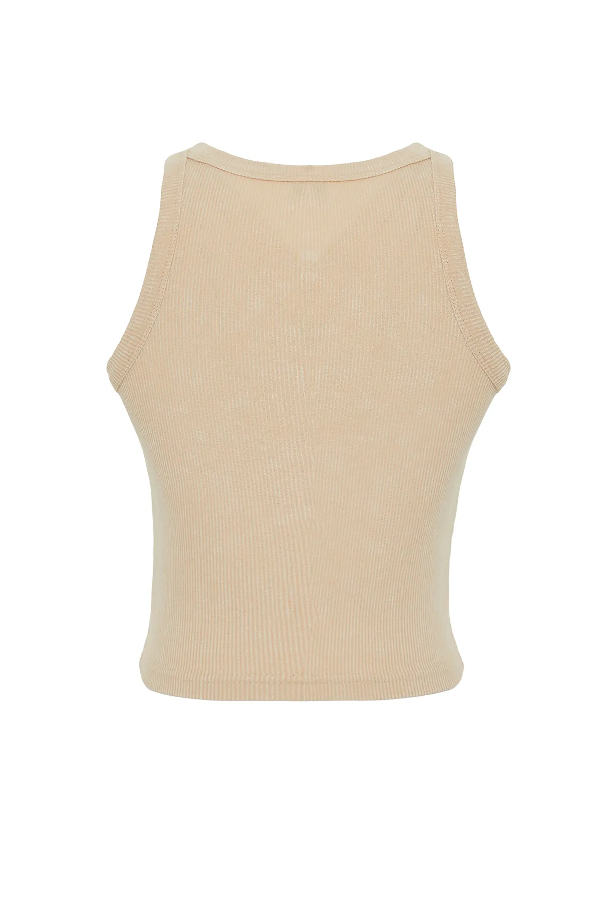 Trendyol Collection  Beigefarbenes, kurz geschnittenes Neckholder-Unterhemd aus dehnbarer Baumwolle mit Antik-/verblasstem Effekt TWOSS24AL00000
