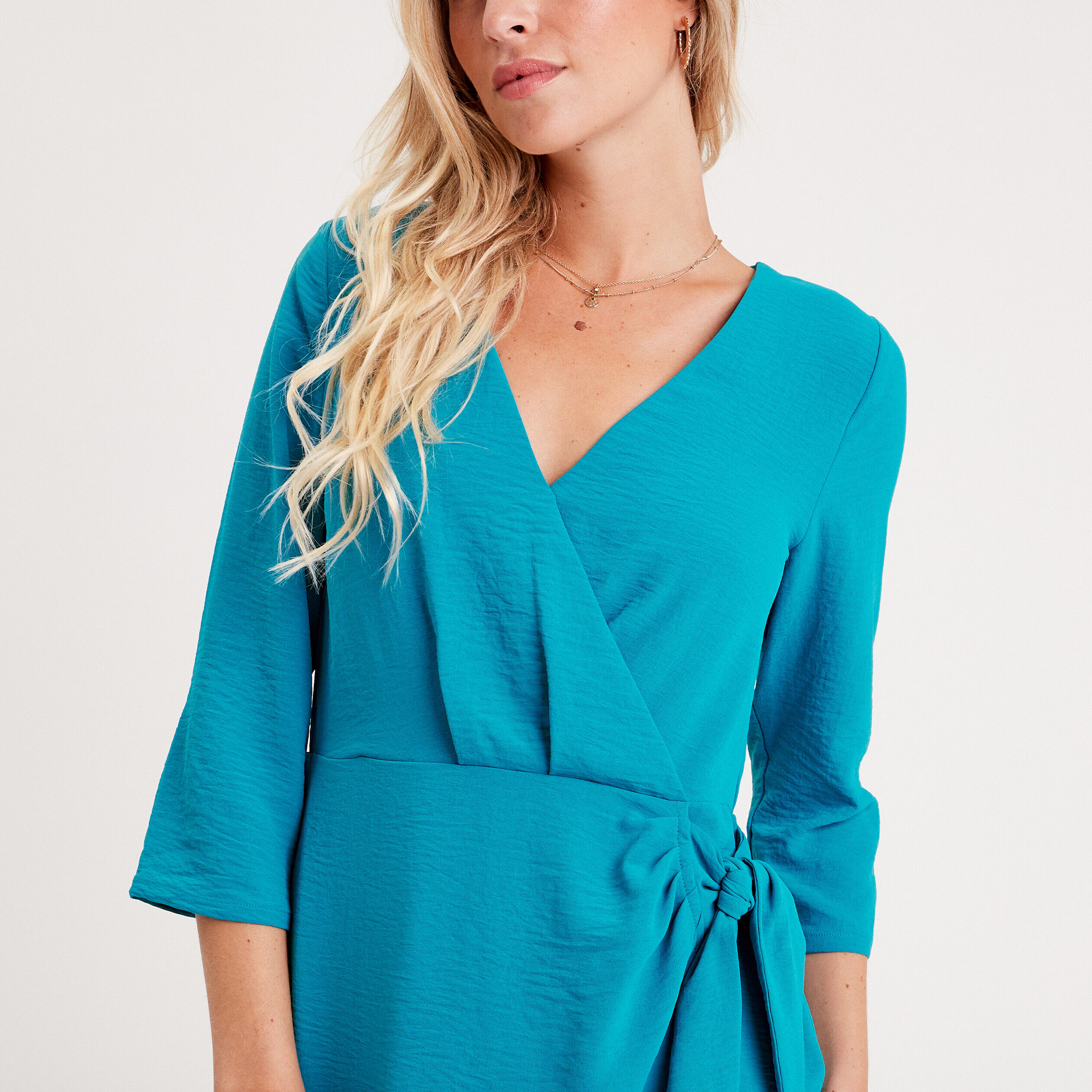 Robe droite nouée manches 3/4 bleu femme | Cache Cache