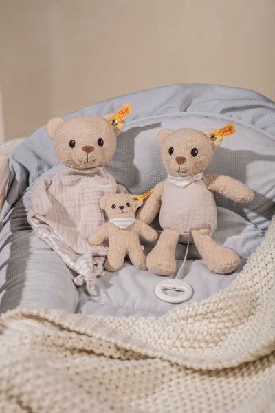 GOTS Noah Knister-Teddybär mit Rassel, 12 cm, beige