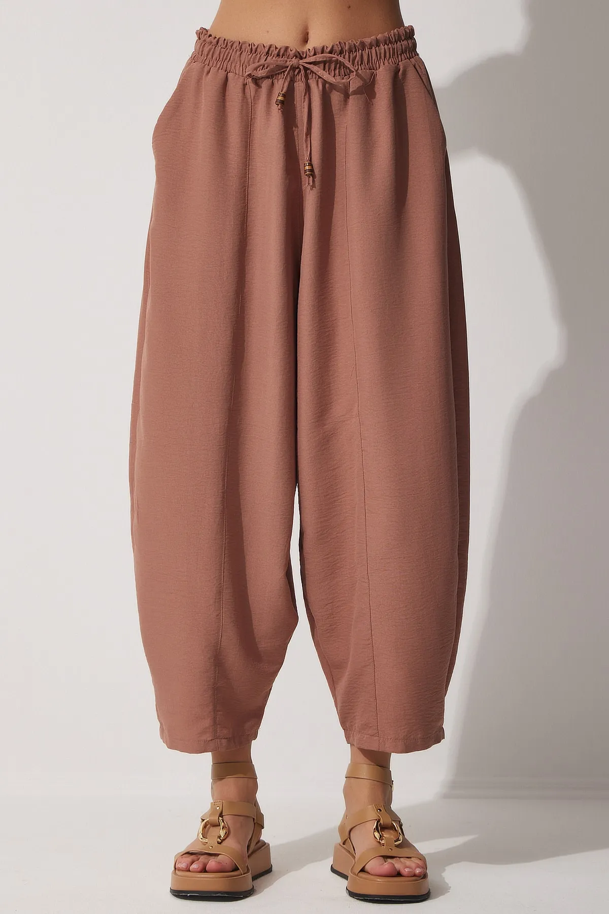 Happiness İstanbul  Damen-Shalwar-Hose aus Leinen-Viskose mit Taschen, Kakaofarben, CV00001
