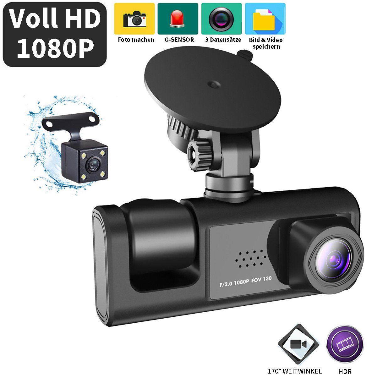 Yoyaxi 3-Kanal HD 1080P Auto-WLAN-Kamera Dashcam (Gleichzeitige Videoaufzeichnung im und hinter dem Auto)