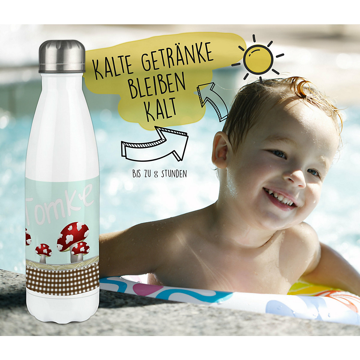 Edelstahl Kinder Thermoflasche / Trinkflasche bunt Pilz Farbe hellblau Spülmaschinenfest, Auslaufsicher, Bruchfest, Doppelwandig, Für Heißgetränke geeignet, Mit Deckel, Isoliert