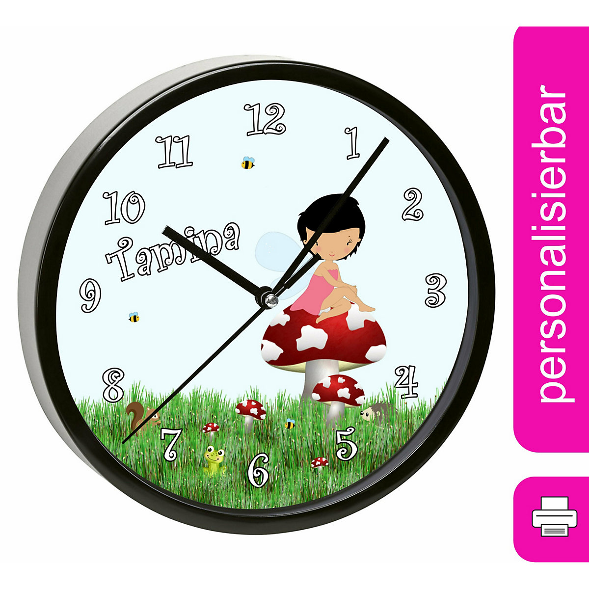 Kinder Wanduhr laufruhig personalisiert mit Name Waldfee