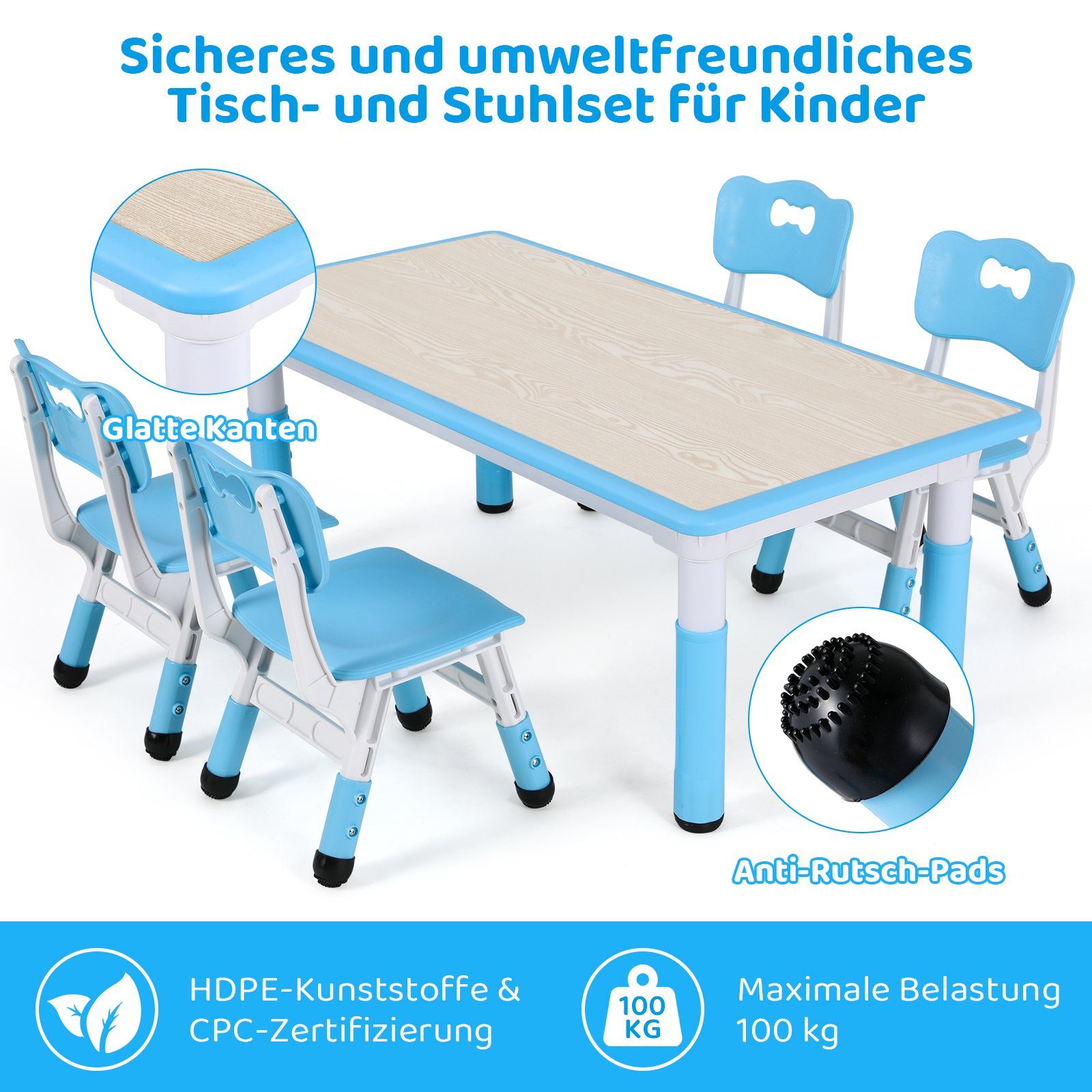 TLGREEN Kindersitzgruppe Plastik Kindermöbel, (5-tlg), Kindertisch mit 4 Stühlen Höhenverstellbar