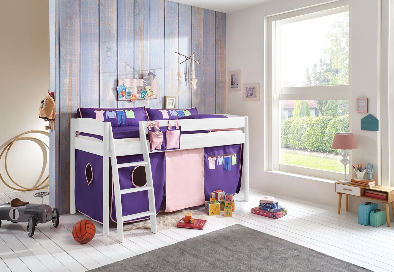 Relita Halbhohes Bett MICHELLE 90x200 cm Buche massiv weiß lackiert, mit Textilset rosa/violett-Kleider