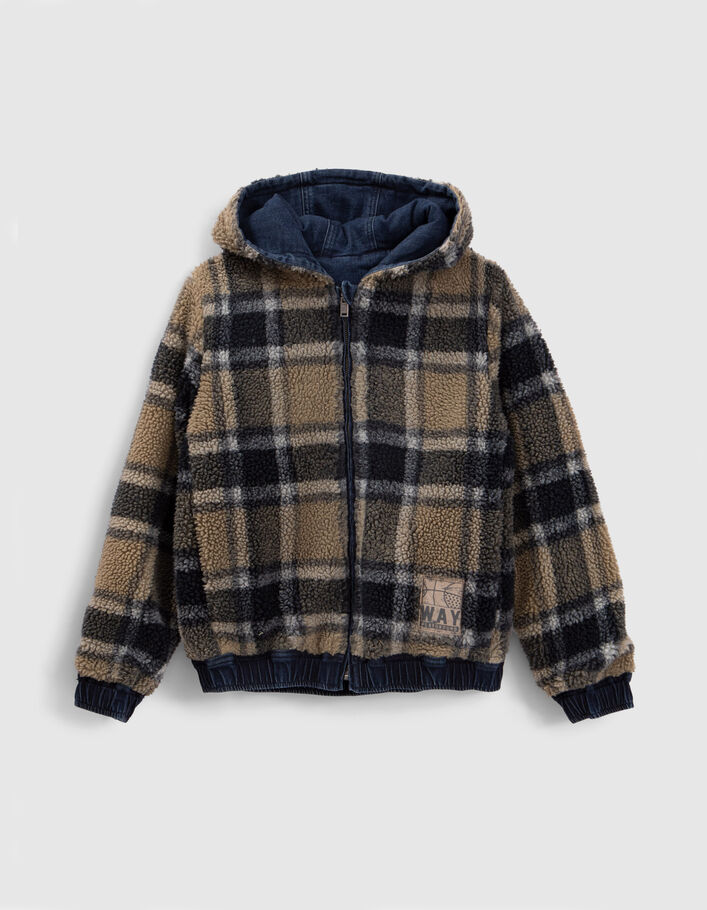 Blouson réversible jean bleu et Sherpa carreaux garçon