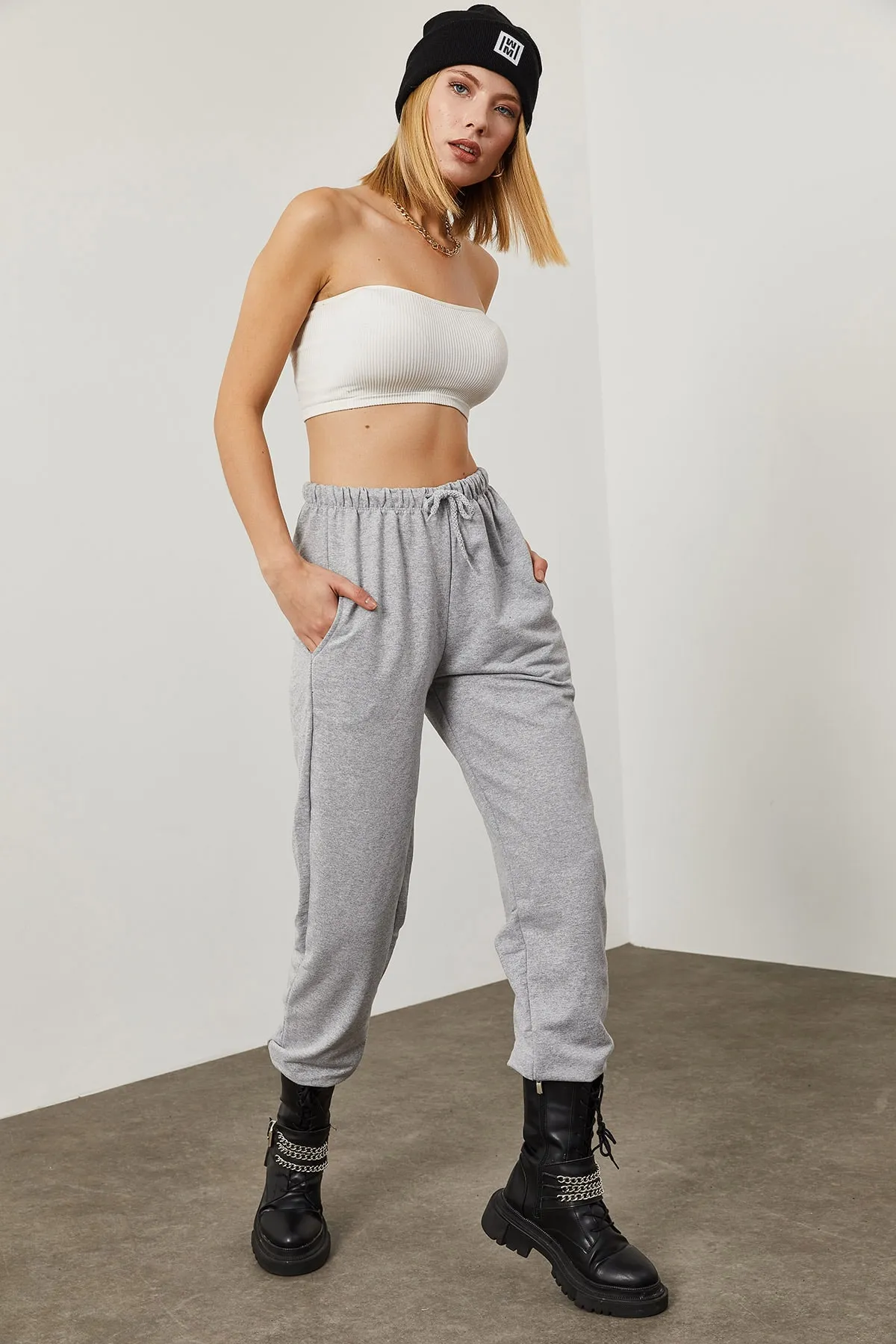 XHAN  Graue Damen-Jogginghose mit Schnürung 0YZK8-10365