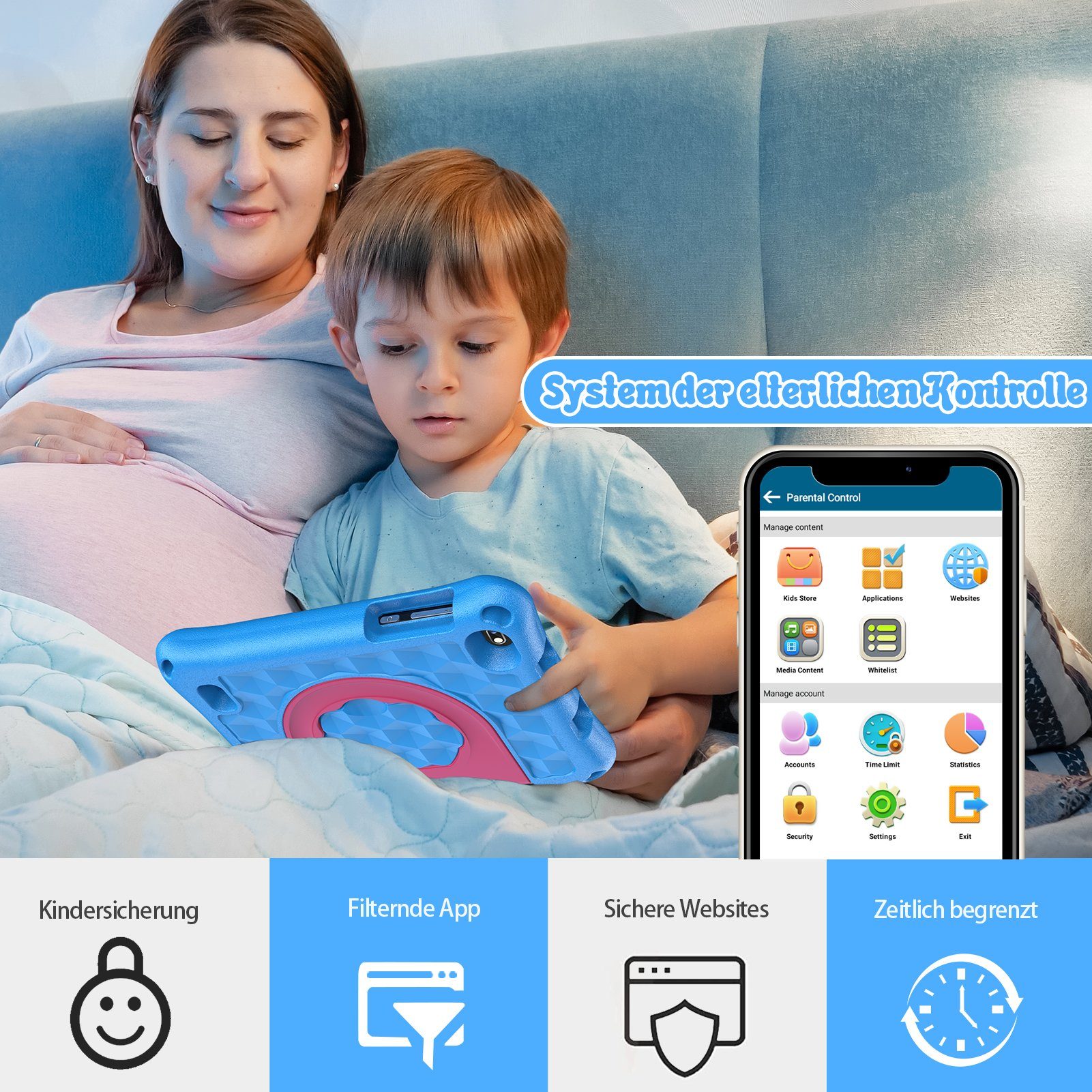Ulife Lerntablet VASOUN M7 Kids, für Kinder ab 2 Jahren, 7 Zoll, Dual-Kamera, mit Halterung, fallfest, Augenschutz, System der elterlichen Kontrolle