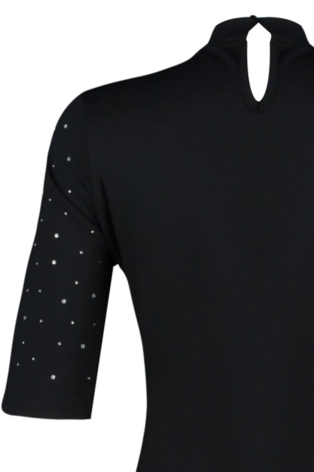 Trendyol Collection  Schwarzes, kurzärmliges Mini-Bleistiftkleid aus Strick mit Steindetail im Skater-/Gürtelstil TWOAW24EL00395