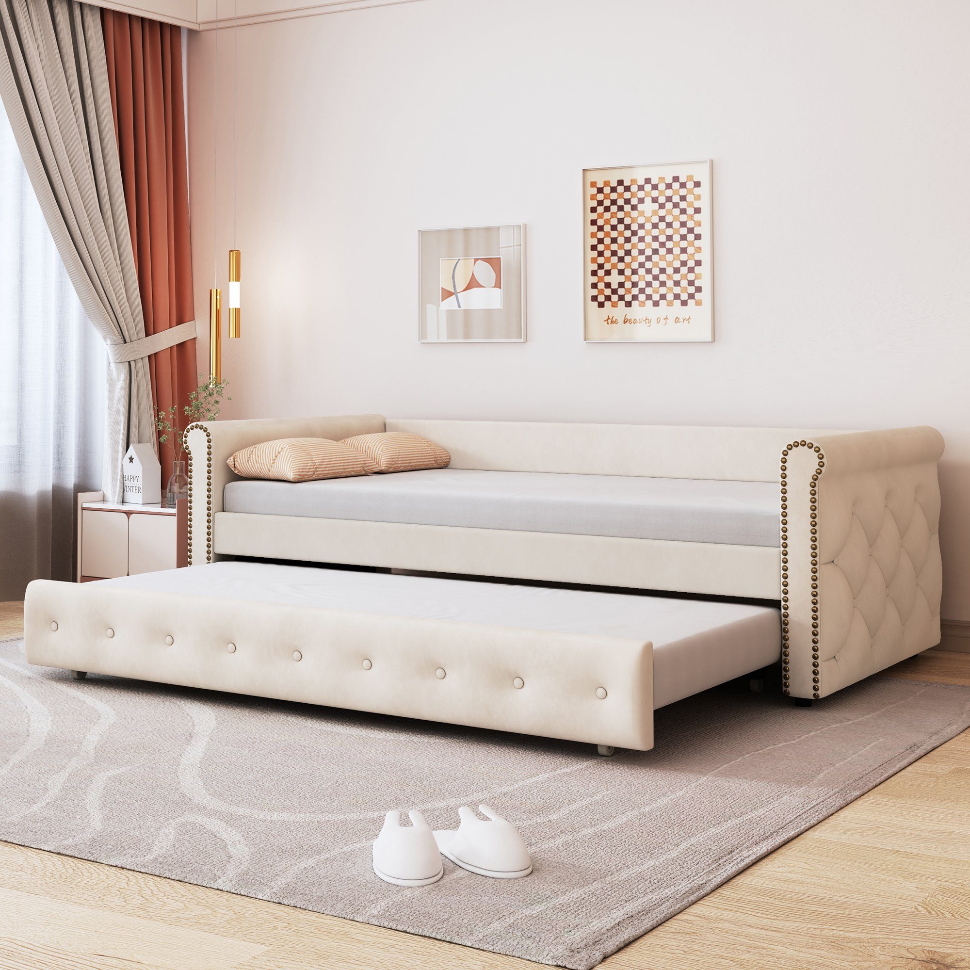 WISHDOR Bett Schlafsofa Kinderbett Polsterbett Tagesbett Daybett 90x200 cm (ausziehbares Schlafsofa, hautfreundlicher Samtstoff), ohne Matratze