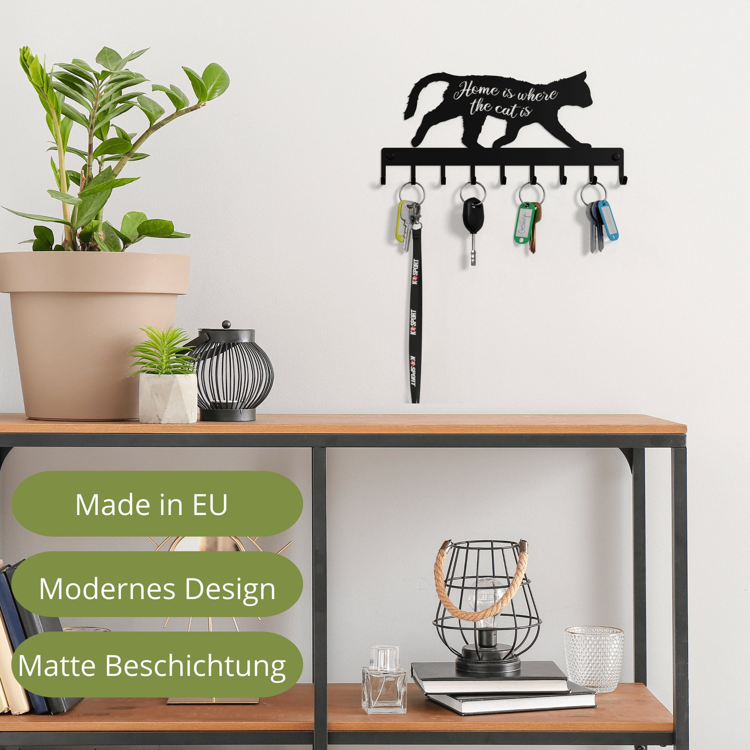 NOGGI - Home Decor Masters Schlüsselleiste Schlüsselhaken mit Motiv, (Schlüsselbrett HOME IS WHERE THE CAT IS I Schlüsselablage mit 9 Haken I Schlüsselhalter für die Wand, Wandbefestigung im Set enthalten), Made in EU