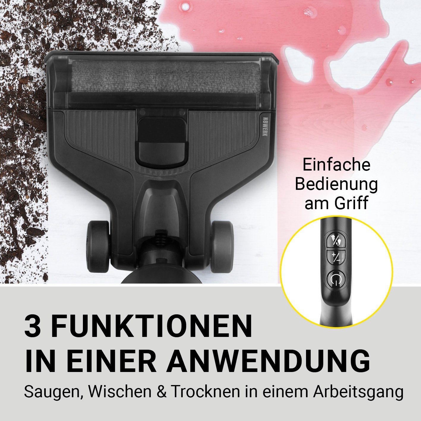 N8WERK Nass-Trocken-Sauger Akku Bodenreiniger mit Saugfunktion - 220W - schwarz, Saugwischer Nasssauger Staubsauger