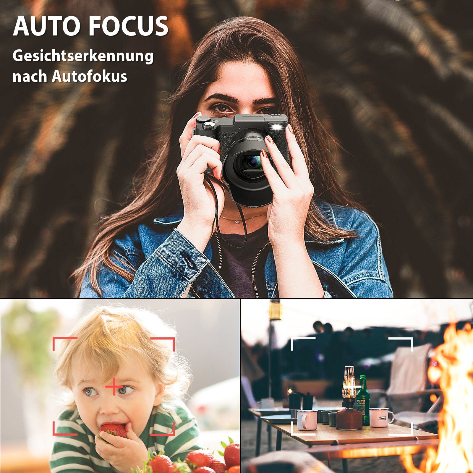 OKA Digitalkamera 4K, 48MP Fotokamera mit 3,0 Zoll Bildschirm, Kompaktkamera (5x opt. Zoom, inkl. Weitwinkelobjektiv, 32GB TF-Karte, Autofokus Kompaktkamera, 5X Optischer Zoom und 8X Digitalzoom)