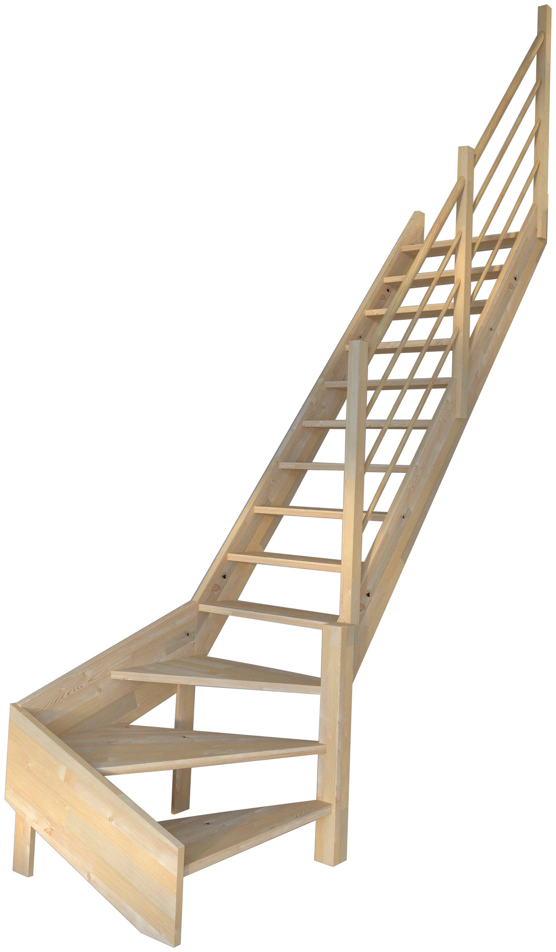 Starwood Raumspartreppe Massivholz Korfu, Holz-Holz Design Geländer, für Geschosshöhen bis 300 cm, Stufen offen, gewendelt Rechts, Durchgehende Wangenteile