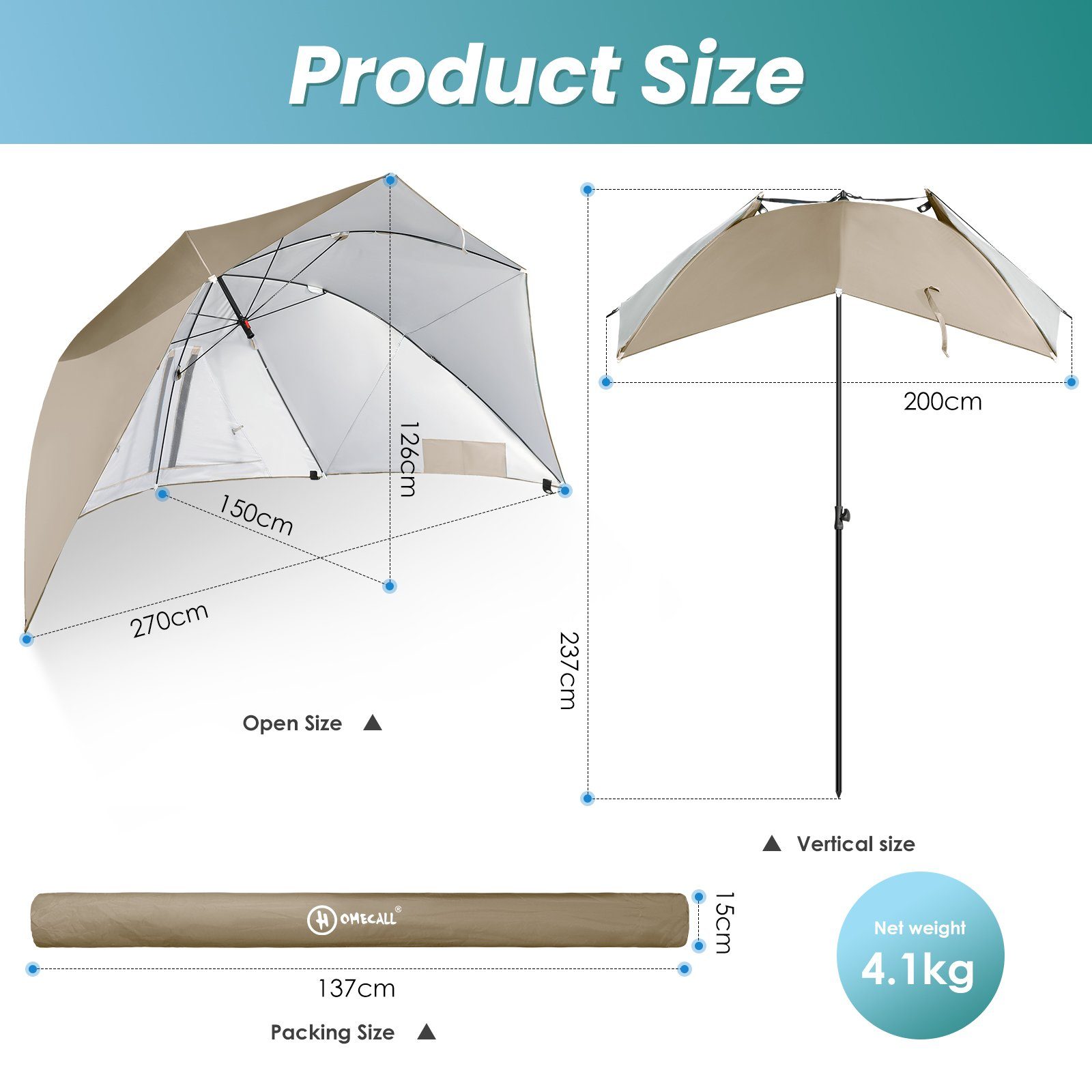 HOMECALL Strandmuschel mit umbrella system UV-resistentes 50+ Khaki, Umfunktionieren zum Sonnenschirm Strandschirm, für 2-3 Personen
