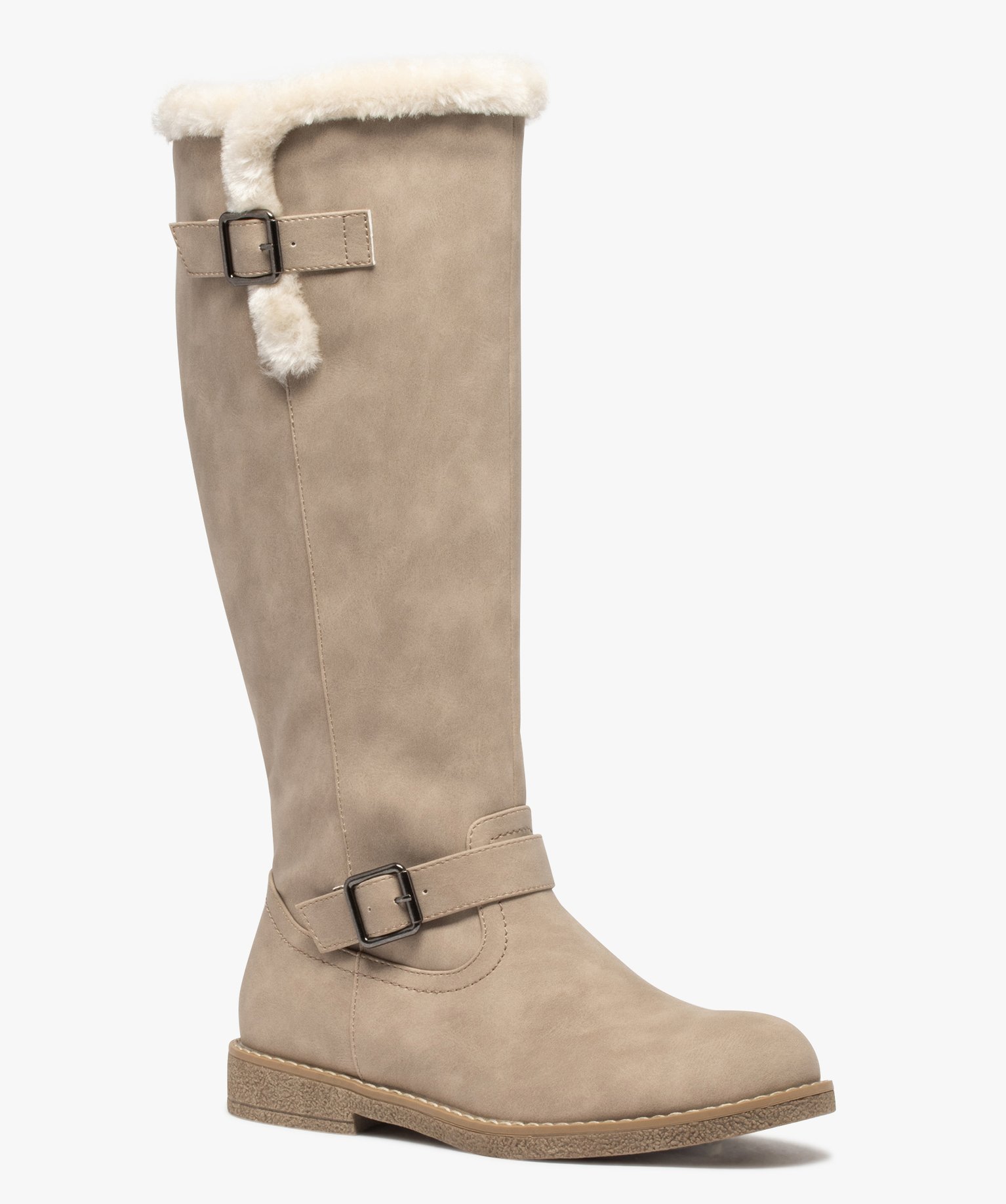 Bottes femme à talon plat dessus uni et col duveteux blanc | GEMO