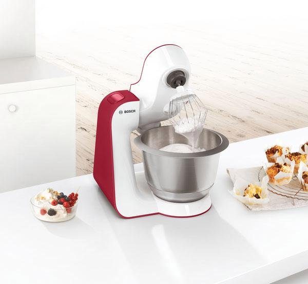 BOSCH Küchenmaschine StartLine MUM54R00, 900 W, 3,9 l Schüssel, 7 Arbeitsstufen, Knethaken, Schlagbesen, Rührbesen, weiß/rot