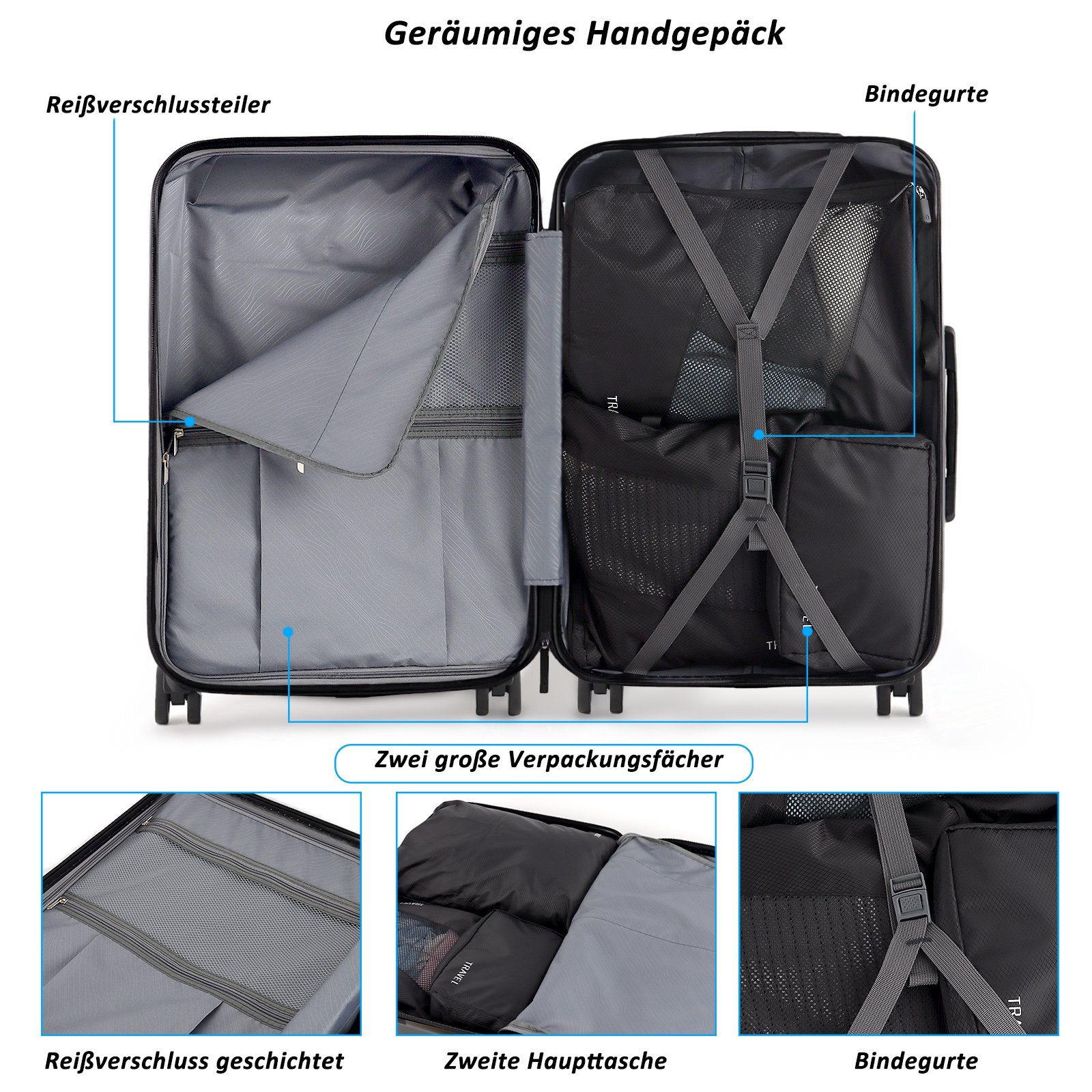 TAN.TOMI Hartschalen-Trolley Kofferset Hartschale Leicht Reisekoffer ABS+PC Erweiterbar Haltbar, 4 Rollen, Trolley Handgepäck Große Kapazität mit 4 Rollen und TSA Schloss