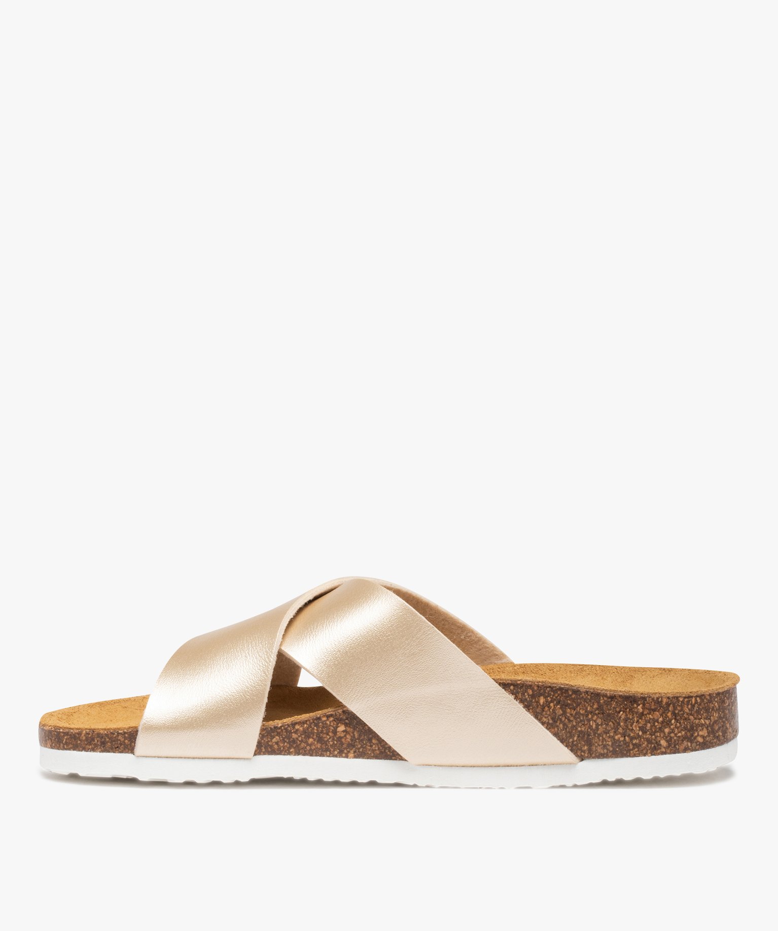 Mules femme à talon plat et larges brides croisées or | GEMO