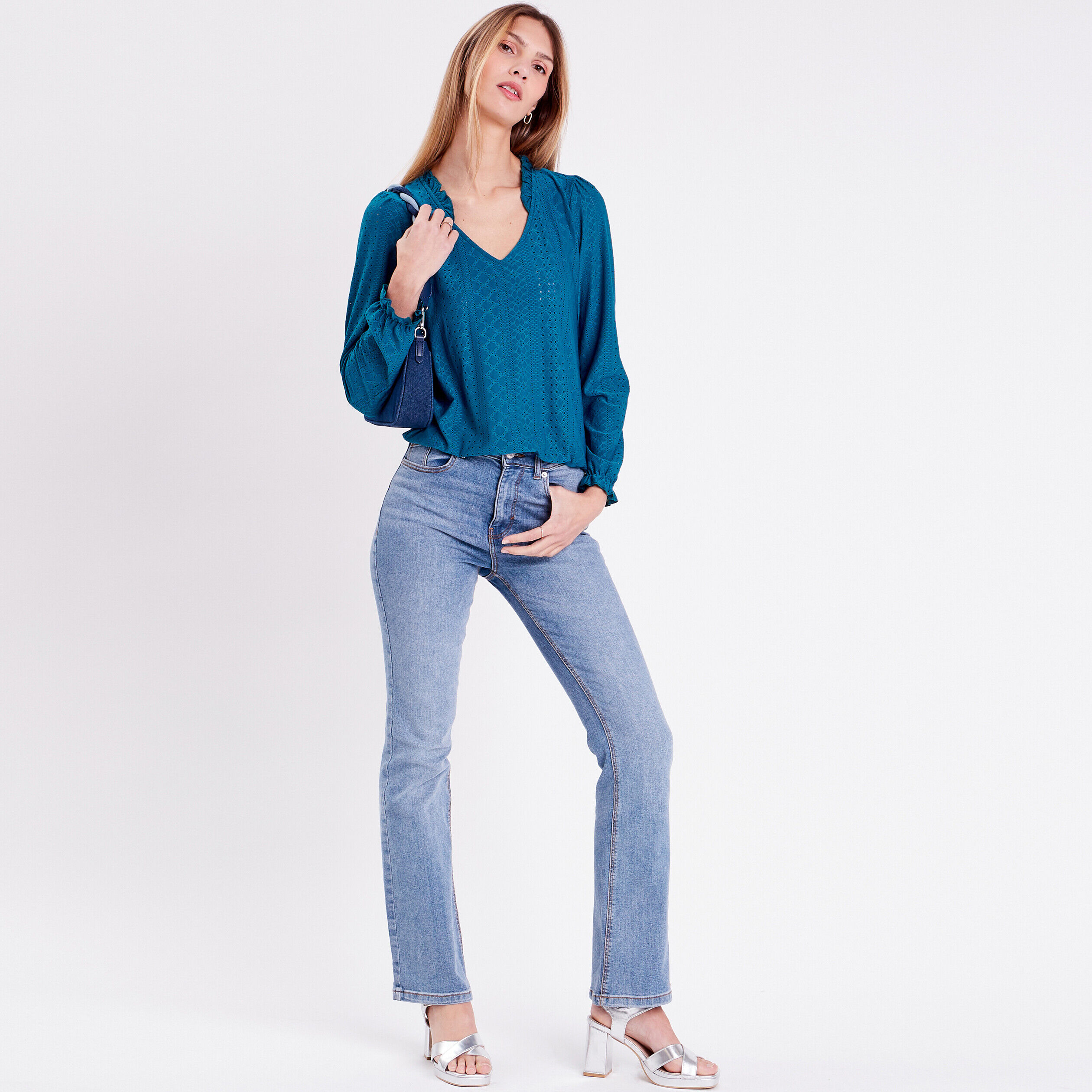 Blouse manches longues bleu canard femme | Cache Cache