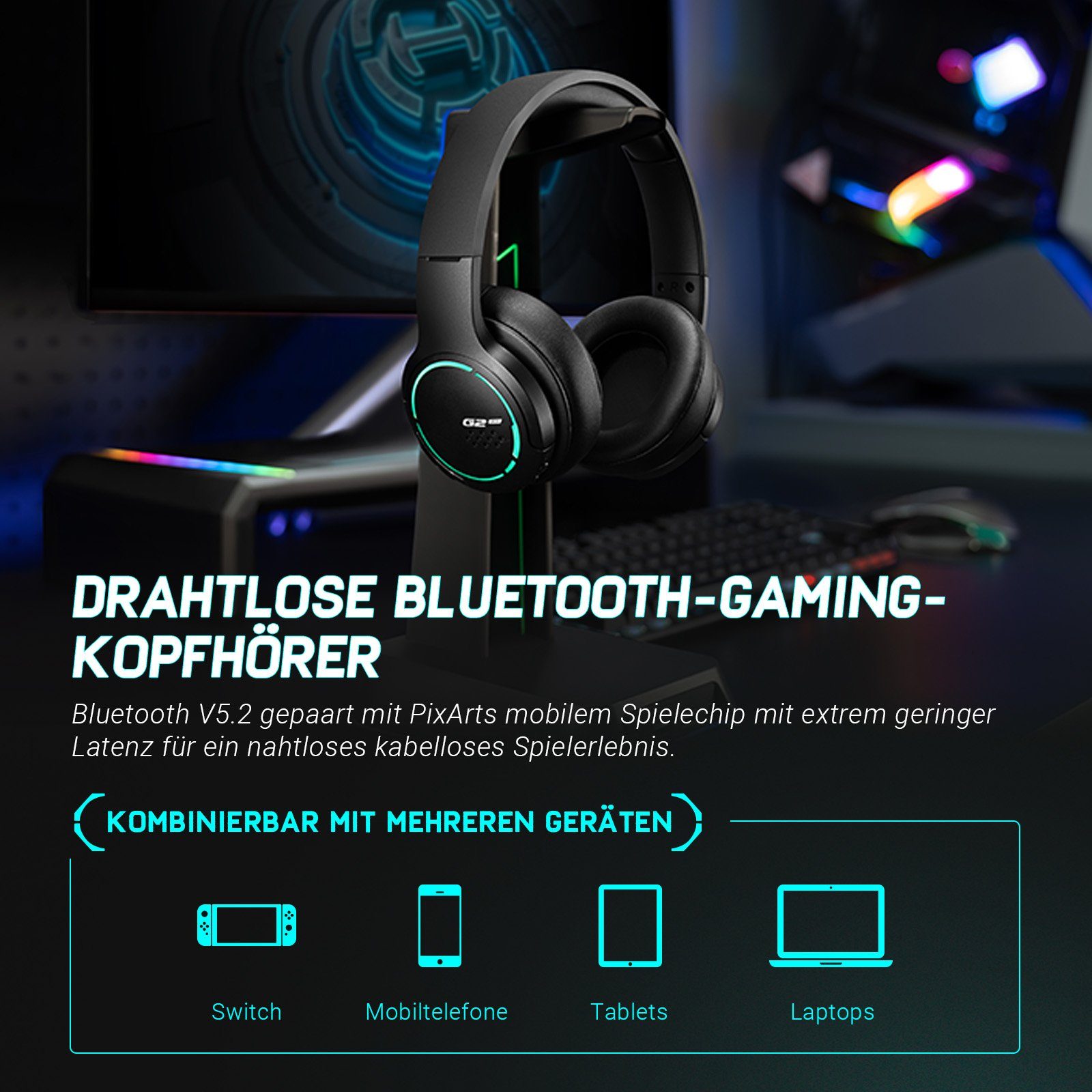 Edifier® G2BT Gaming-Headset (Wireless, RGB-Licht, Geräuschunterdrückung, weichen Ohrenschützern, Bluetooth 5.2)