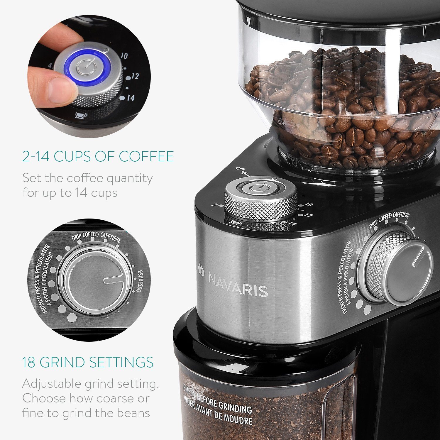 Navaris Kaffeemühle elektrische Kaffeemühle mit Edelstahl Scheibenmahlwerk