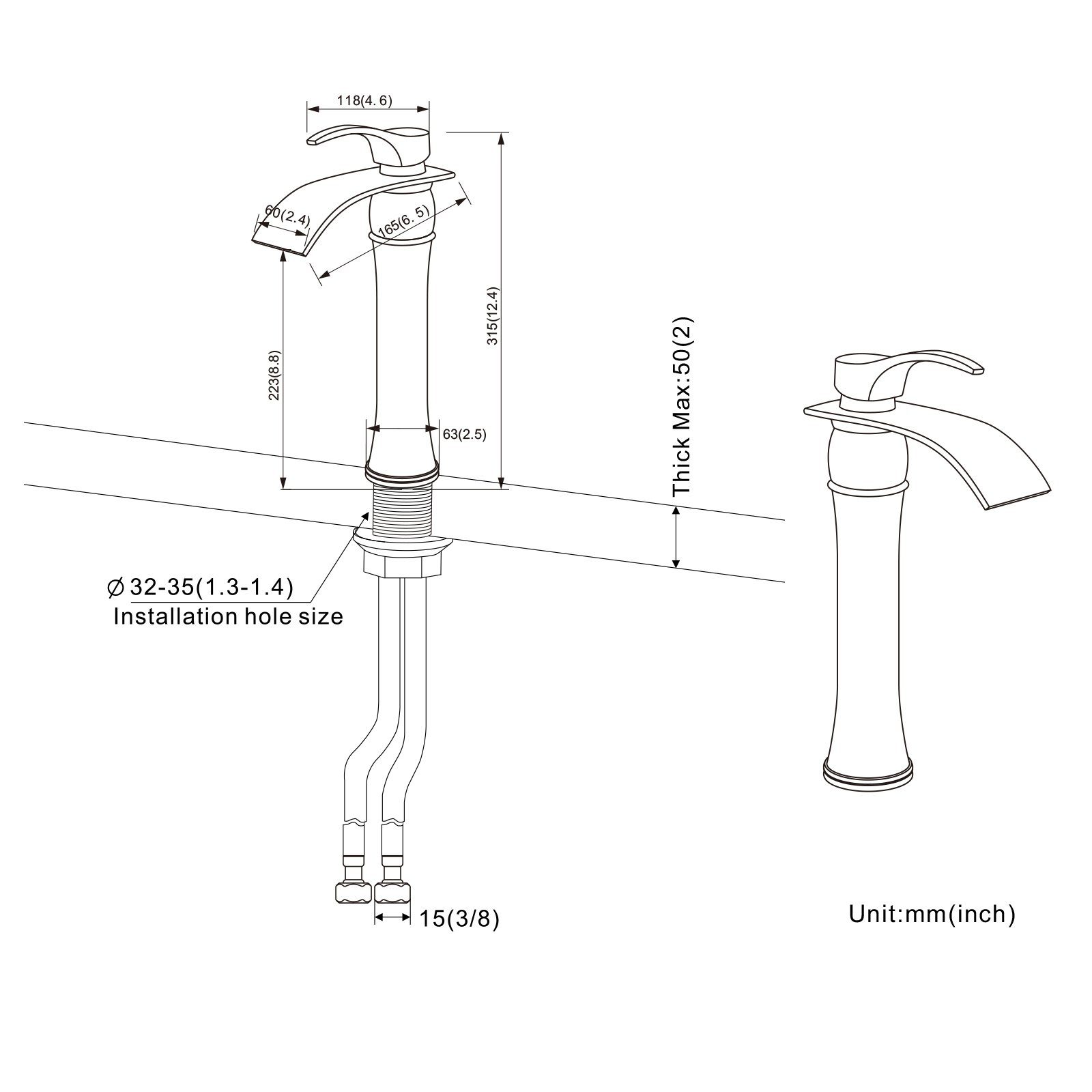 Auralum Waschtischarmatur Wasserhahn Bad Wasserfall, Waschtischarmatur mit Auslauf Höhe 220MM