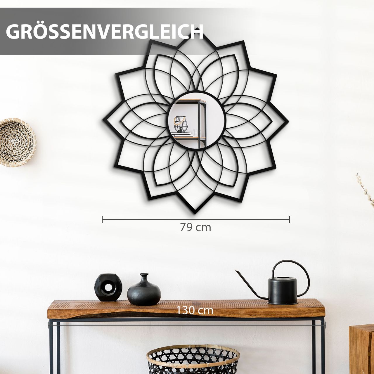 HOMCOM Wandspiegel Wohnzimmerspiegel Ø79 cm Rundspiegel mit Metallrahmen Dekospiegel mit Floralen Mustern Spiegelglas Flurspiegel für Schlafzimmer Elegant Schwarz