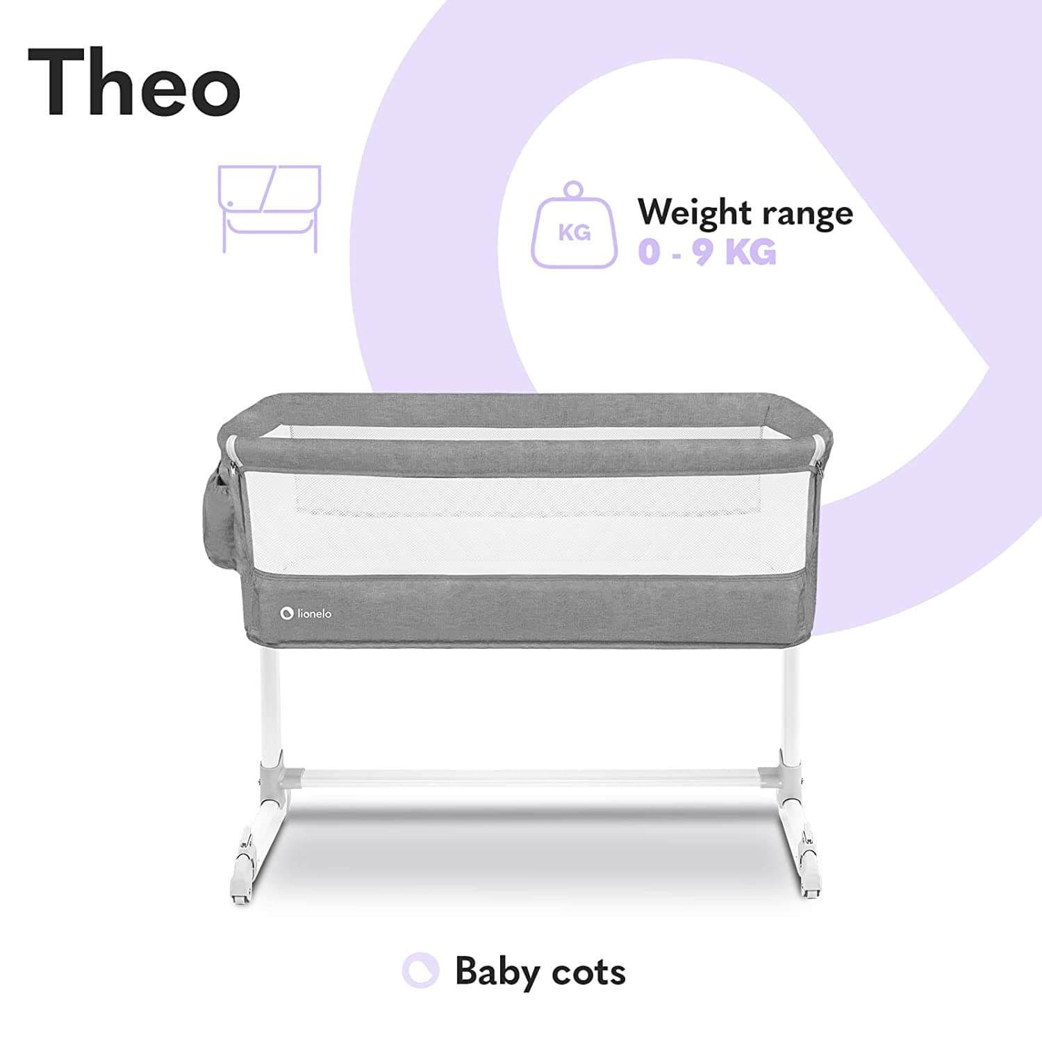 lionelo Beistellbett Lionelo Theo Baby Beistellbett Kinderbett grau Babybett Zustellbett