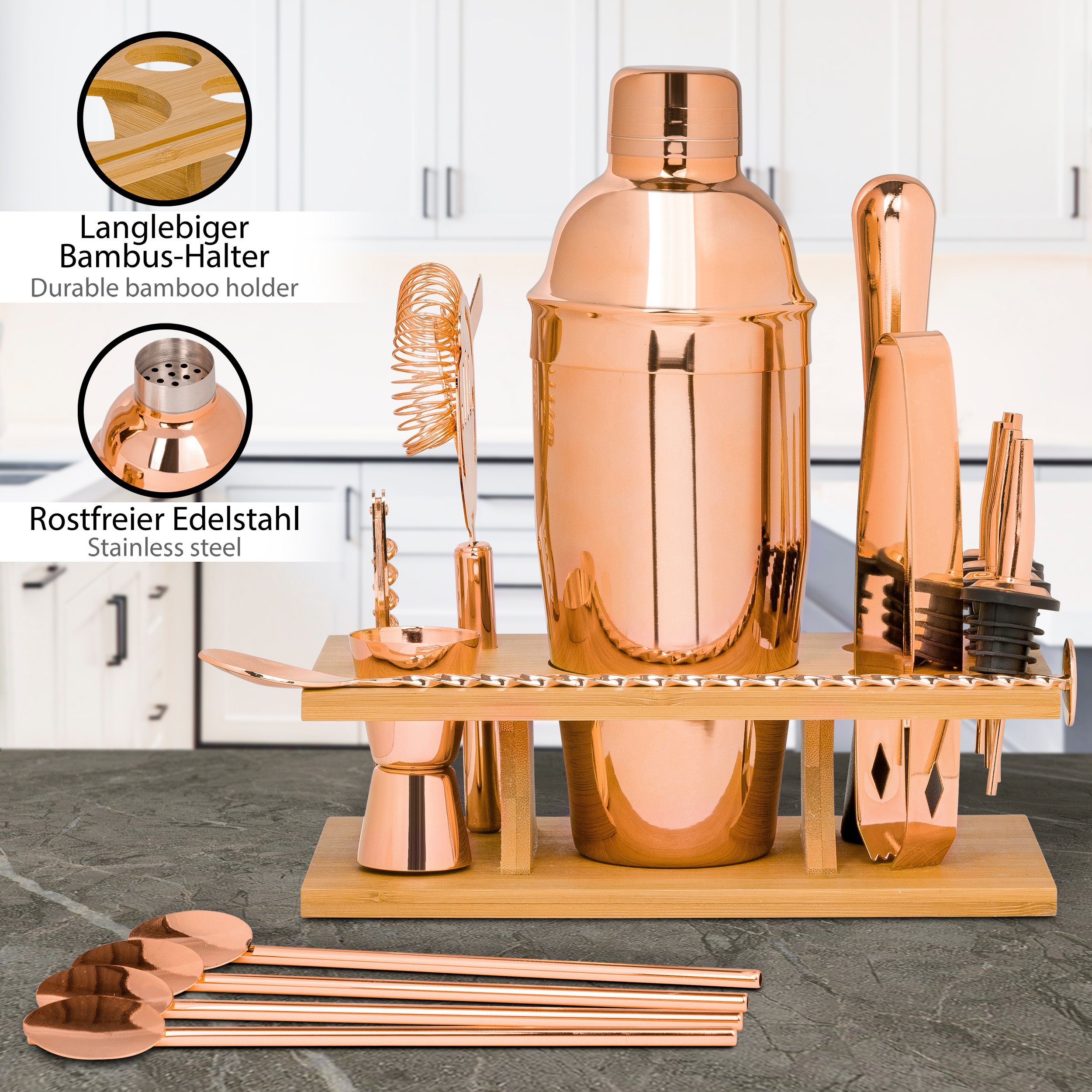 ONVAYA Cocktail Shaker Cocktail Set in Rosé-Gold, Cocktail Geschenkset mit Bambus-Halter
