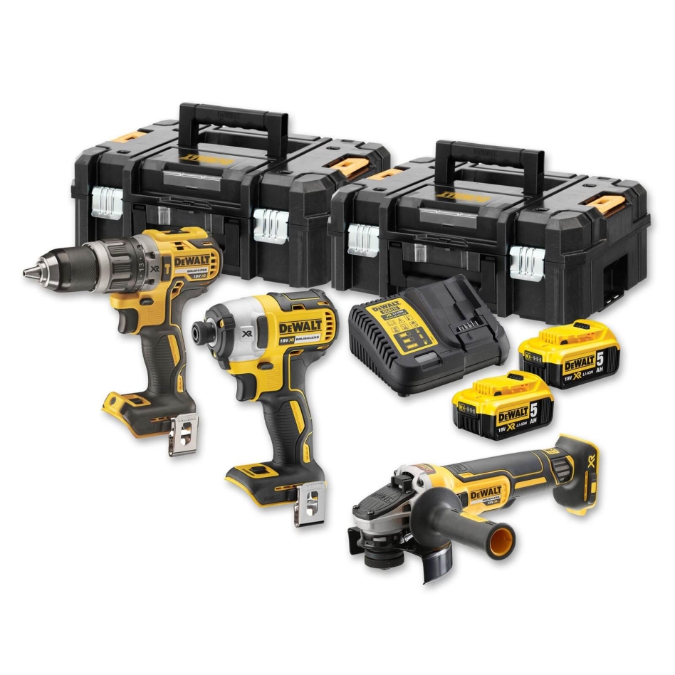 Set combinat DeWalt DCK384P2T-QW 18V 5.0Ah Li-Ion - Mașină de găurit cu impact fără fir DCD796 + Șurubelniță cu impact DCF887 + Polizor unghiular DCG405