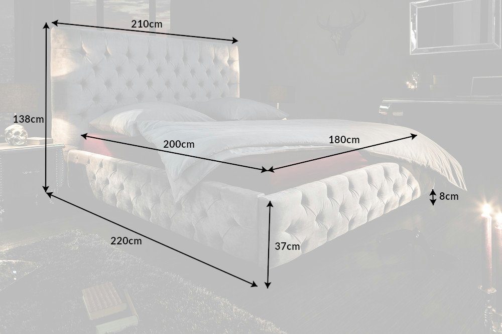 riess-ambiente Polsterbett PARIS 180x200cm grau (1-tlg), Schlafzimmer · Samt · Ziersteppung · Chesterfield-Design