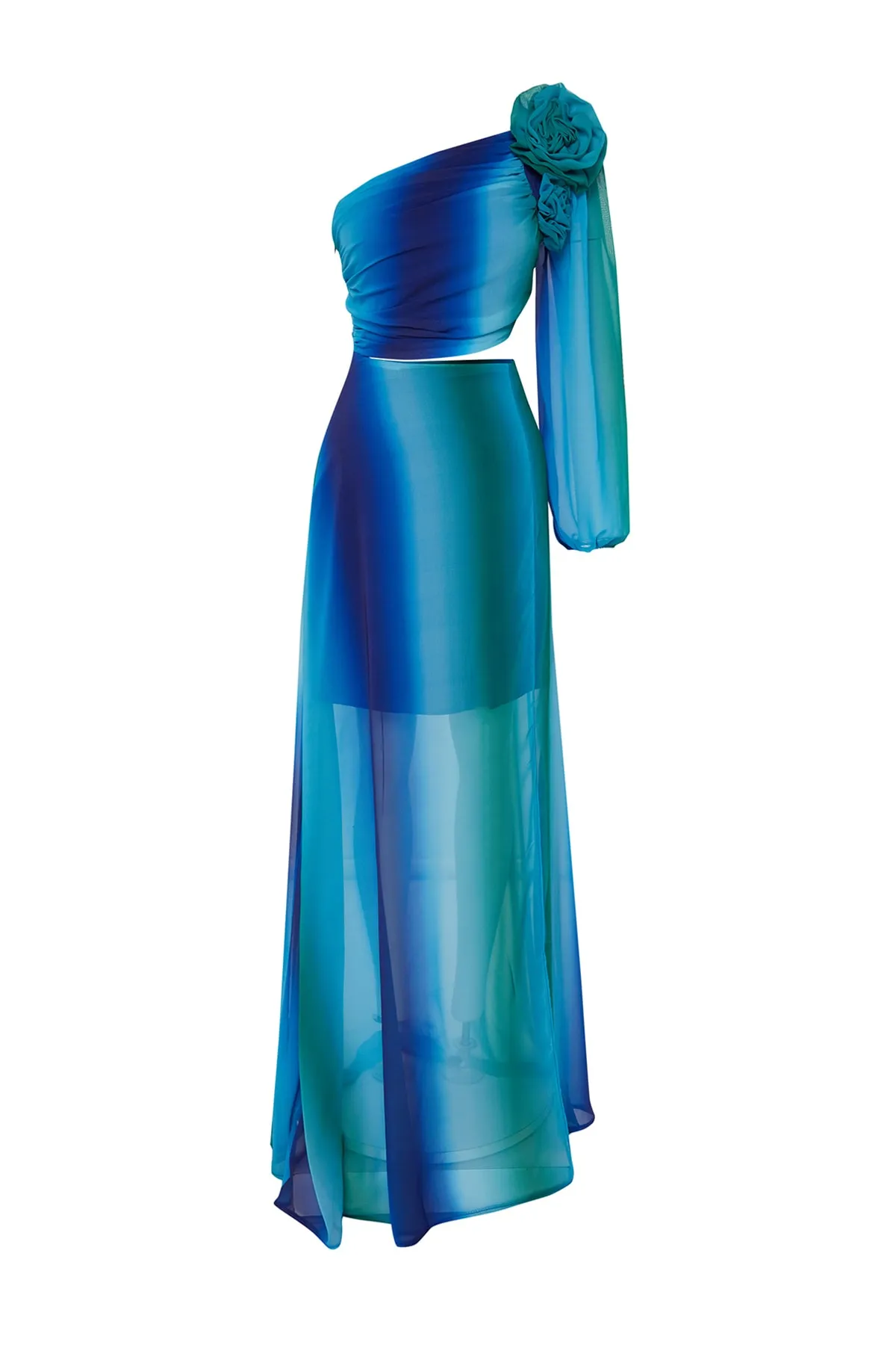 Trendyol Collection  Langes Abendkleid aus Chiffon mit Farbverlauf, mehrfarbig, mit gefüttertem Fenster/Ausschnitt-Detail TPRSS23AE00077