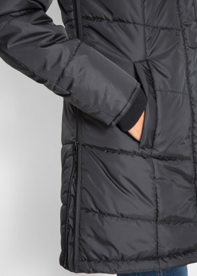 Long-Steppjacke, wattiert mit Kragen und Kapuze