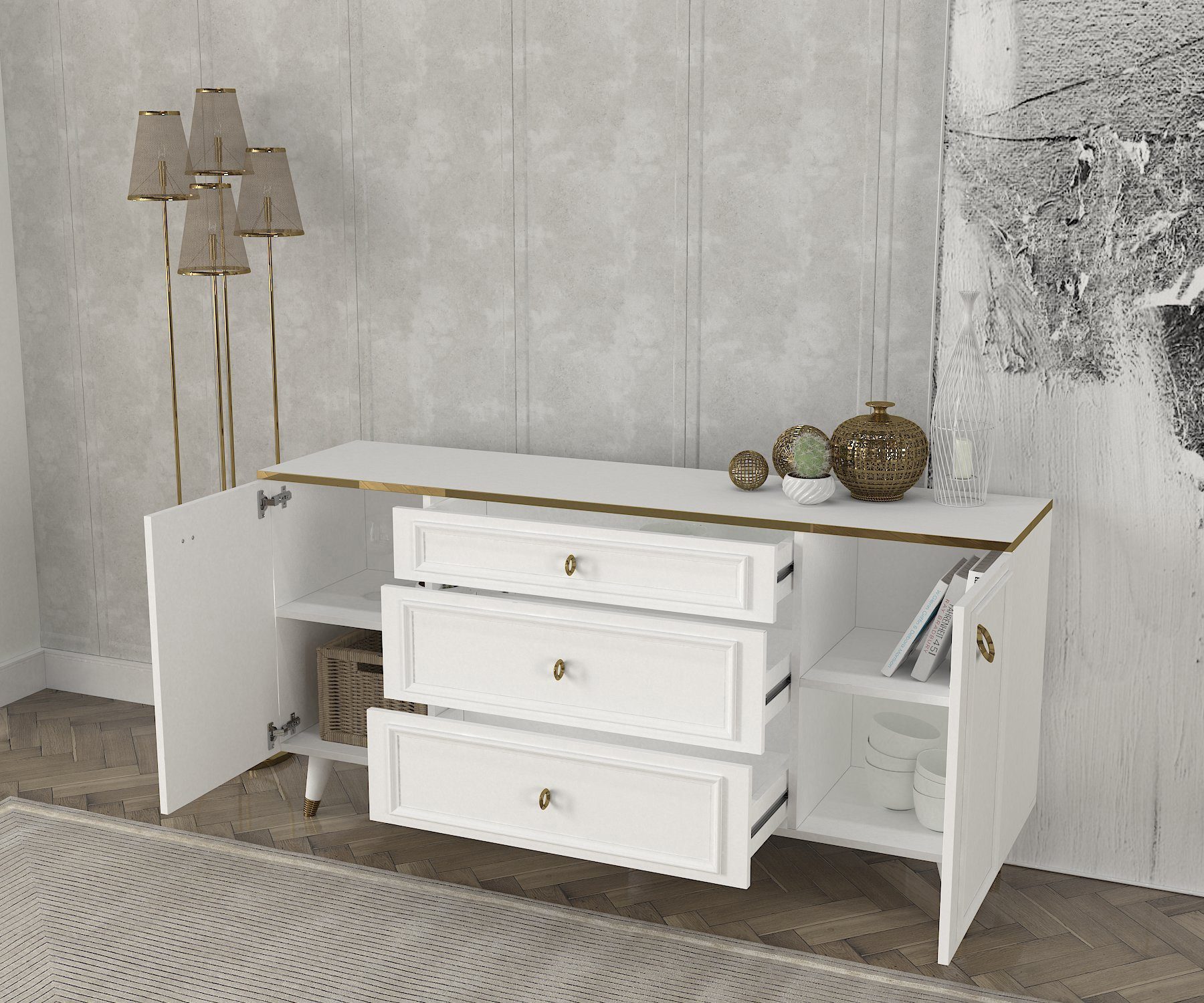 moebel17 Anrichte Sideboard Cornelia Weiß, Pflegeleichte Oberfläche, Sideboard mit Spiegel, Bietet viel Stauraum