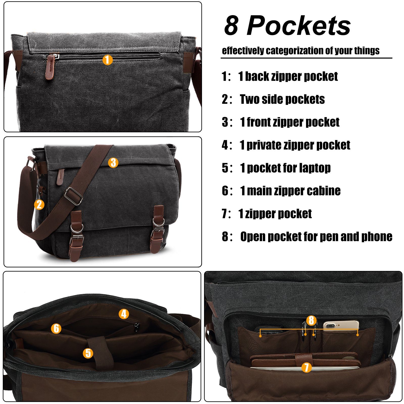 TAN.TOMI Umhängetasche Umhängetaschen Herren aus Canvas Schultasche Laptoptasche, für Laptop Arbeitstasche groß
