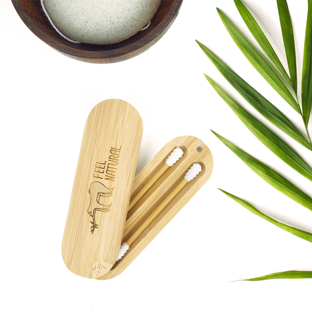 feel natural Boîte bambou et 2 cotons-tiges en silico ne Coton tige en silicone