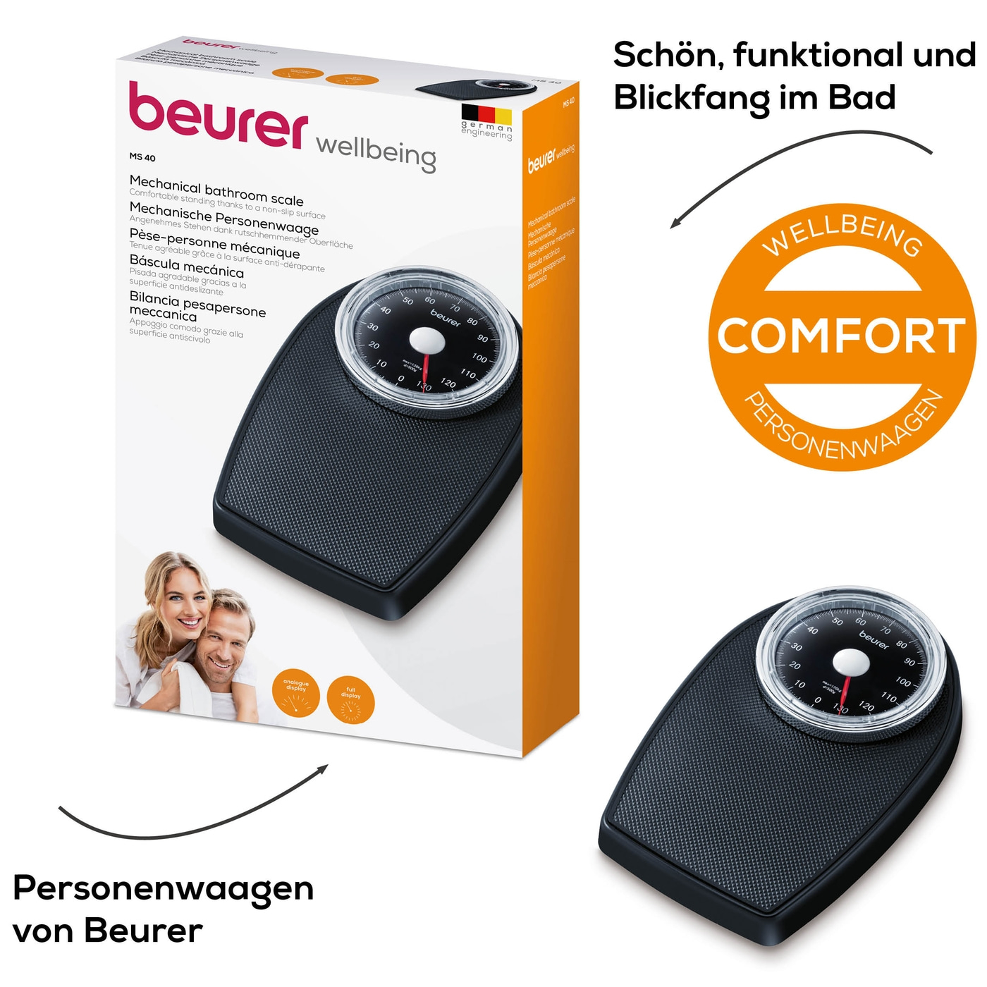 Beurer Mechanische Waage MS 40-Analoge Personenwaage ohne Batterien im Retro-Design - bis 135 kg