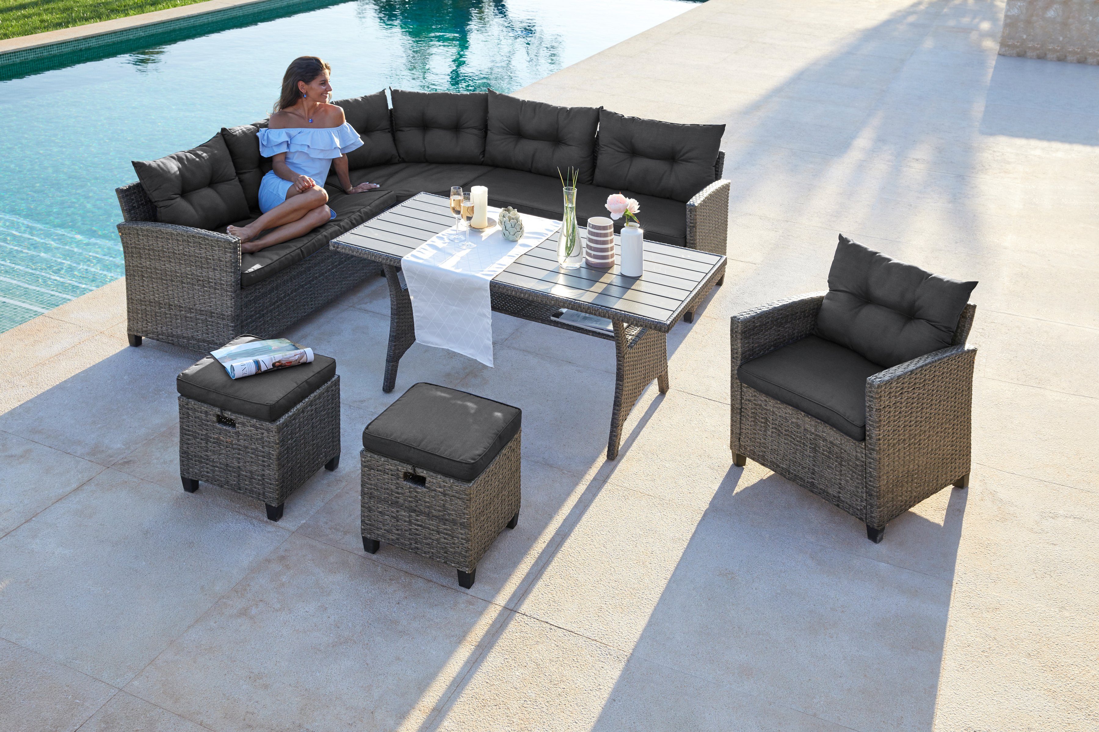 KONIFERA Gartenlounge-Set Keros Premium, (20-tlg), Ecklounge, 2 Hocker, Sessel, Tisch, Polyrattan