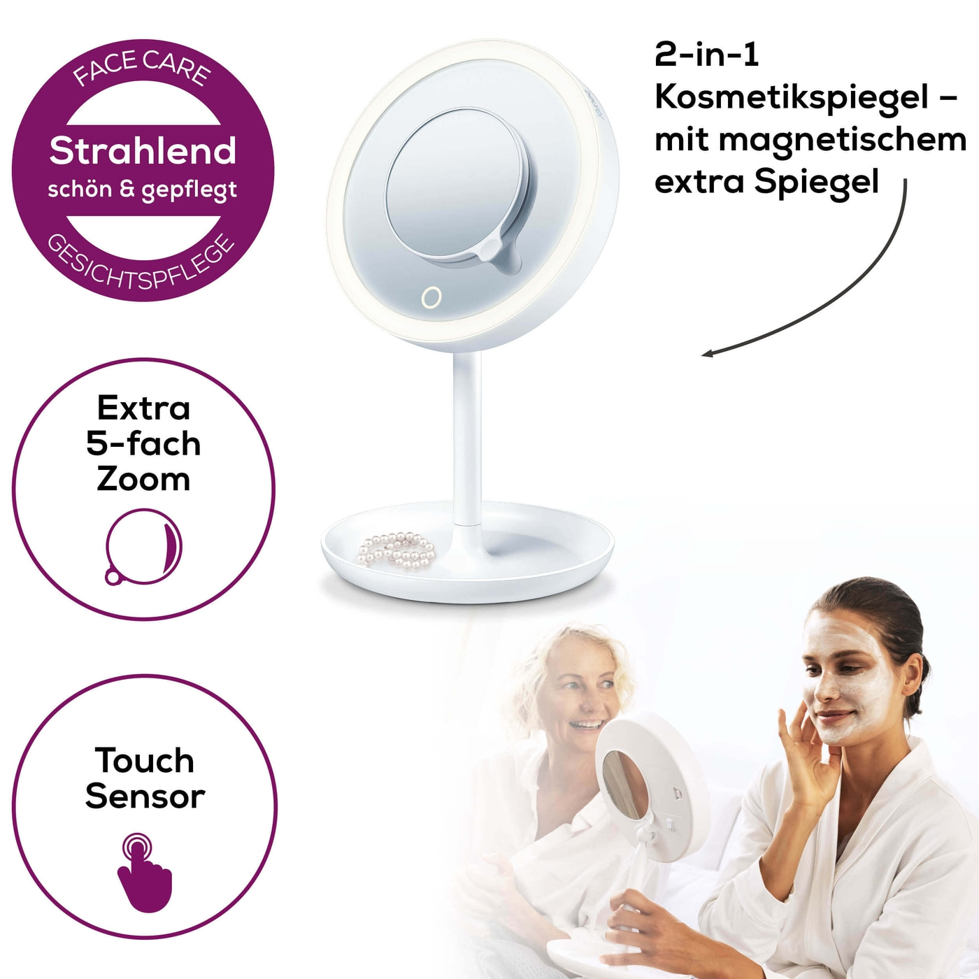 Beurer BS 45 Beleuchteter Kosmetikspiegel-Beleuchteter Standspiegel mit magnetischem Extra-Spiegel & 5-fach Zoom