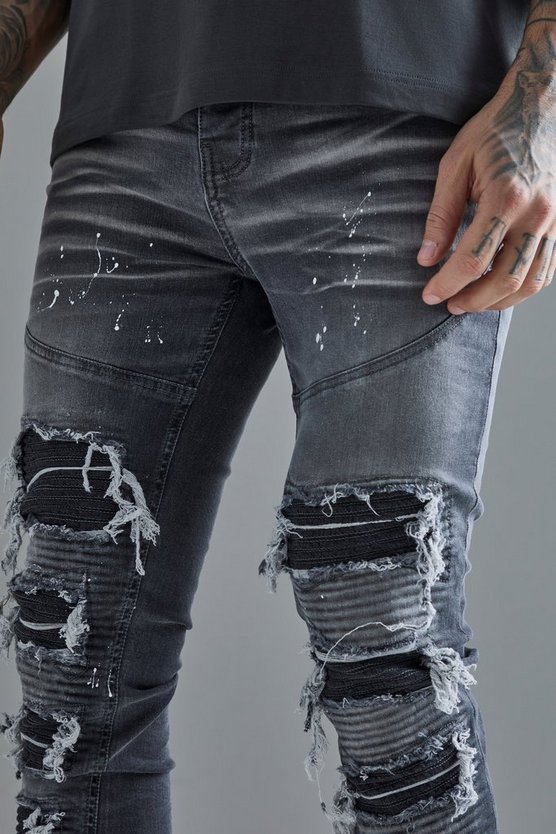 Tall Super Skinny PU Bikerjeans mit Rissen und Farbspritzern