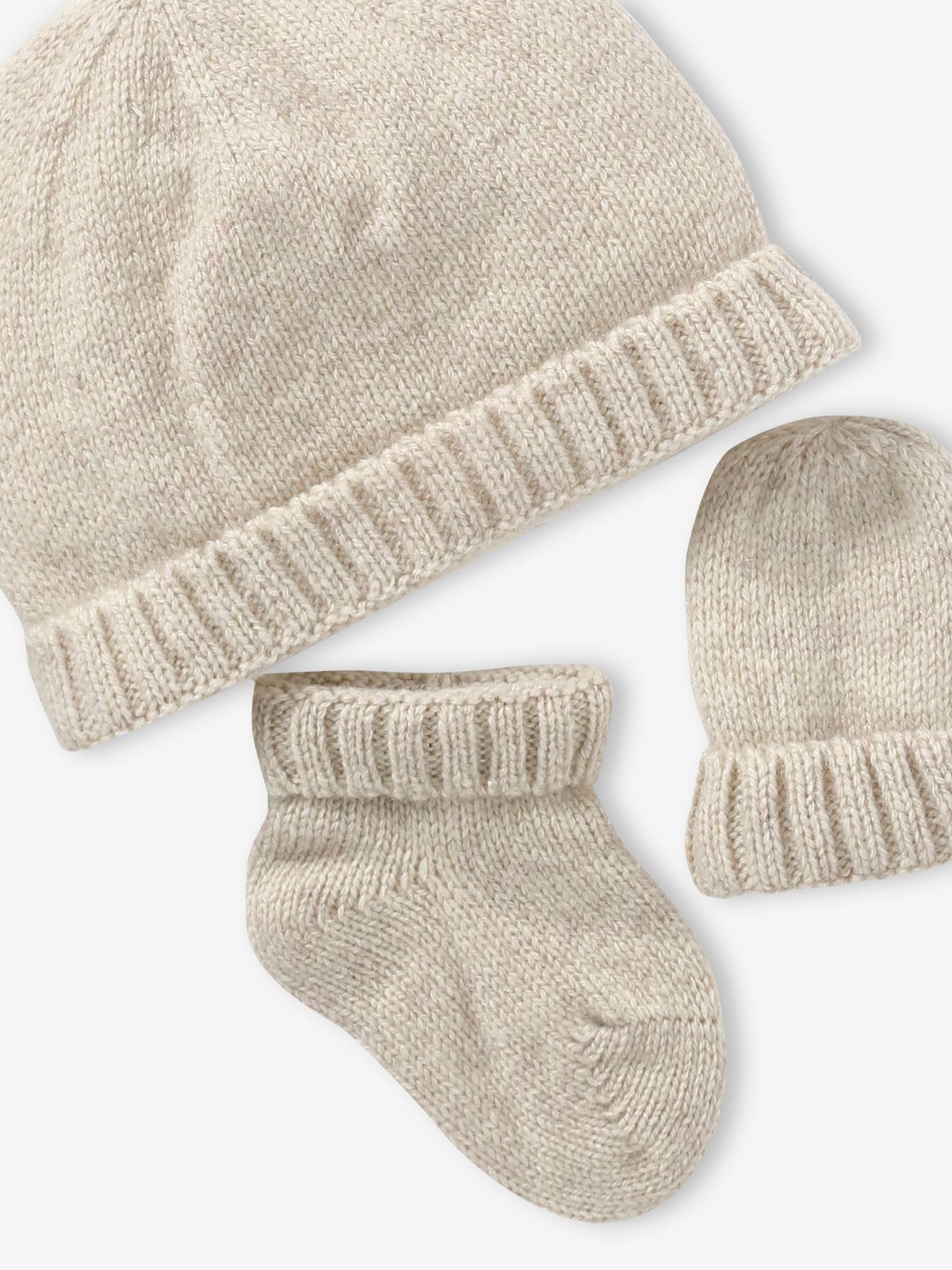 Vertbaudet Baby-Set aus Strick: Mütze, Fäustlinge & Schühchen - beige meliert